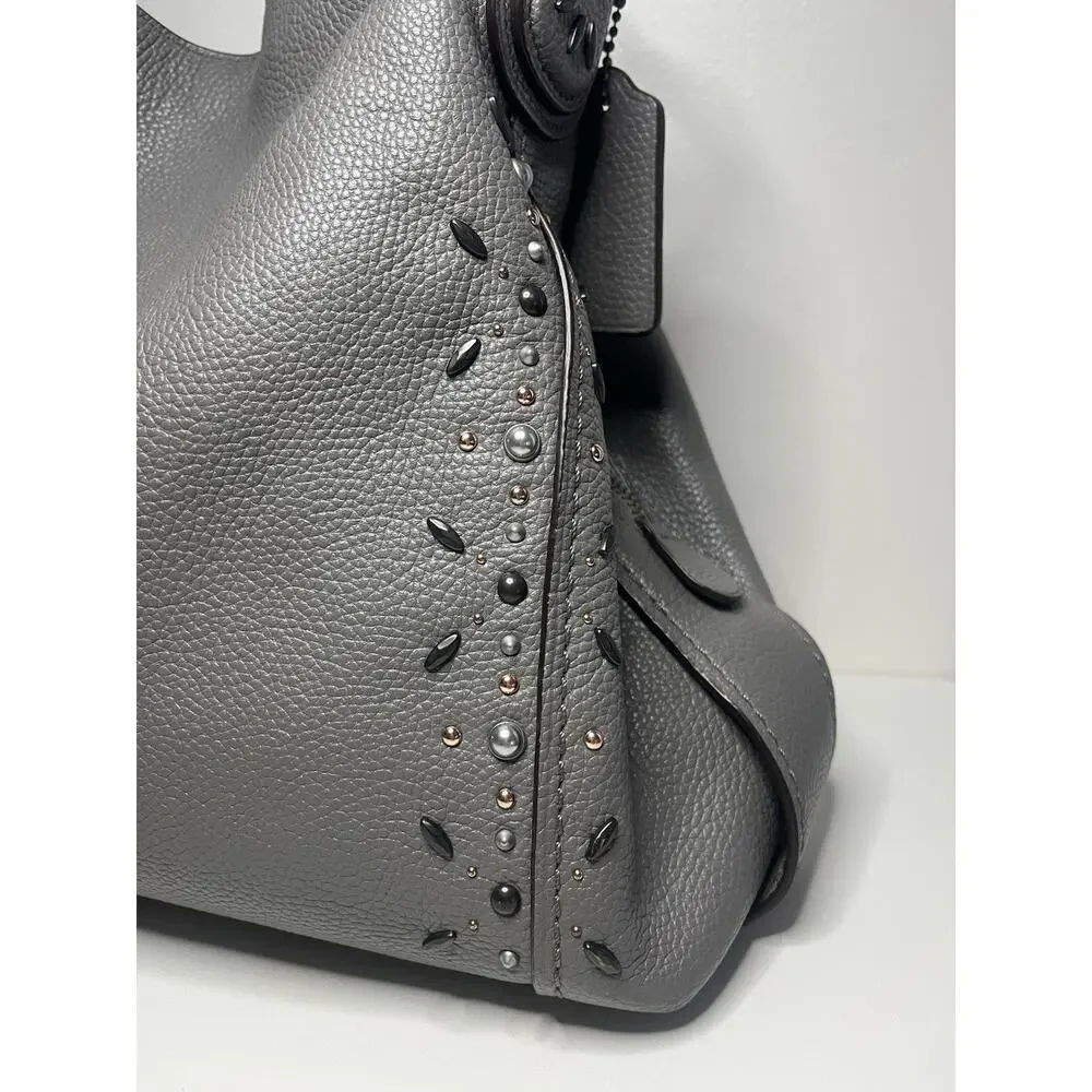 COACH Edie Shoulder Bag 31 Prairie Rivets Gray Pebble Leather Gunmetal 22794 EUC